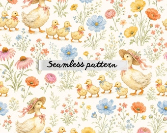 Cottagecore Garden Watering Can Seamless Pattern, Whimsical Wildflowers, Bees, Frogs and Botanical Repeat JPG