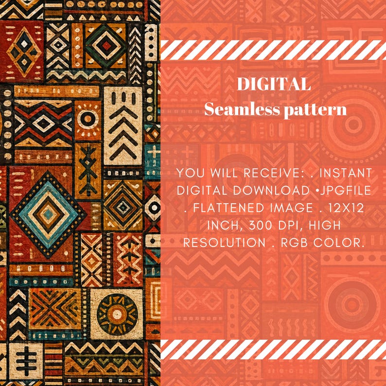 May include: A digital seamless pattern featuring a patchwork of geometric shapes in shades of brown, orange, teal, and black. The right side displays white text: DIGITAL Seamless pattern YOU WILL RECEIVE: INSTANT DIGITAL DOWNLOAD JPGFILE FLATTENED IMAGE 12X12 INCH, 300 DPI, HIGH RESOLUTION RGB COLOR.
