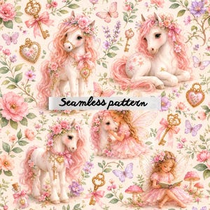 Fairy Pony & Enchanted Garden Seamless Pattern PNG, Pink Unicorn Floral Repeat, Whimsical Fairy Tale Nursery Fabric, Cottagecore Fantasy