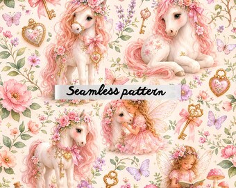 Fairy Pony & Enchanted Garden Seamless Pattern PNG, Pink Unicorn Floral Repeat, Whimsical Fairy Tale Nursery Fabric, Cottagecore Fantasy