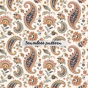 Pode incluir: Um padrão sem costura com um design de paisley repetido em azul marinho, pêssego e dourado, com detalhes florais em um fundo creme. O texto "Seamless pattern" é exibido na imagem.