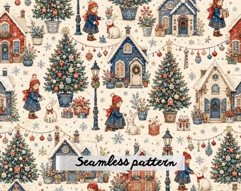 Christmas Village Bunny Wonderland Seamless Pattern JPG Watercolor Winter Cottages Christmas Trees Holiday Fabric Digital Paper Download
