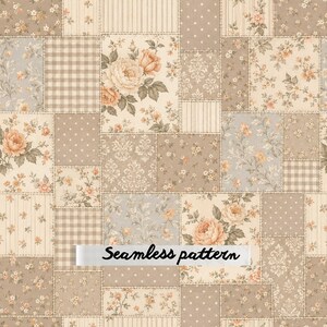 Peut inclure: Un motif sans couture présentant un design en patchwork composé de divers carrés dans des tons beige, crème et bleu doux. Les carrés affichent des imprimés floraux avec des roses, des petites fleurs, des vichys, des pois et des motifs damassés.