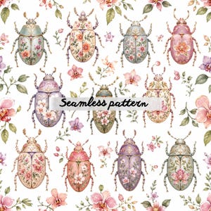 Könnte beinhalten: Ein nahtloses Muster mit verschiedenen Käfern in Rosa-, Lila-, Blau- und Cremetönen, die jeweils mit komplizierten Blumenmotiven verziert sind. Das Design enthält verstreute Orchideen und grüne Blätter auf weißem Grund mit dem Text Seamless pattern.