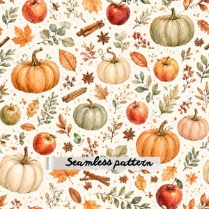May include: A seamless pattern featuring watercolor illustrations of pumpkins in shades of orange, white, and green, red apples, cinnamon sticks, star anise, and autumn leaves on a cream background with the text Seamless pattern.