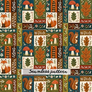 May include: A seamless pattern featuring a repeating grid of illustrations including orange foxes, brown squirrels, red and white mushrooms, and brown oak leaves on a dark background with the text Seamless pattern centered.