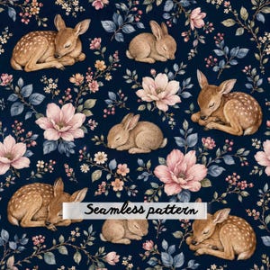 Pode incluir: Um padrão contínuo com ilustrações de filhotes de cervo e coelhos dormindo entre flores cor-de-rosa e folhagem em tons de azul sobre um fundo azul-marinho escuro. O texto "Seamless pattern" está impresso em preto no centro da imagem.