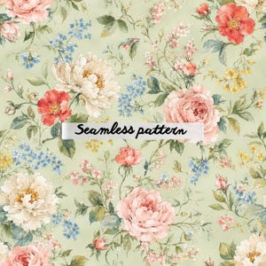 Pode incluir: Um padrão floral sem costura com flores rosa, vermelhas, amarelas e azuis sobre um fundo verde claro. O design inclui peónias, rosas e flores menores, com o texto "Seamless pattern".