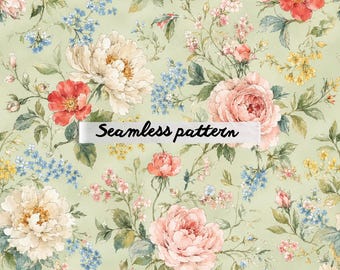 Watercolor Floral Cottage Seamless Pattern JPG, DigitalPaper, Cottagecore Floral Pattern Repeat