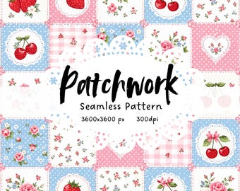 Cottagecore Strawberry Floral Seamless Pattern, Vintage Patchwork Digital Paper, Pink Blue Cute Fabric Print