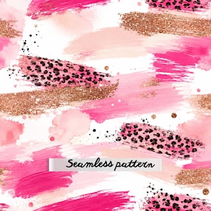 Peut inclure: Un motif sans couture composé de coups de pinceau abstraits dans des tons rose vif, rose clair et blanc. Le design intègre des traits de paillettes cuivrées texturées et des taches de léopard noires, avec de petits points dispersés.