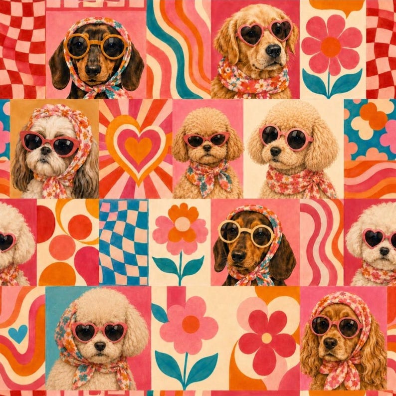 May include: A colorful grid pattern featuring various dog breeds wearing floral headscarves and heart-shaped sunglasses, interspersed with graphic designs of flowers, hearts, wavy lines, and checkered patterns in shades of pink, orange, and blue.