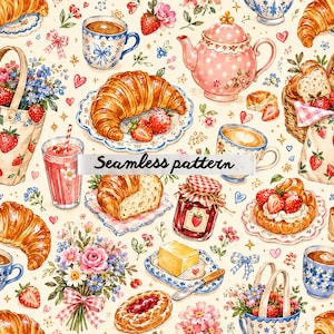 Pode incluir: Um padrão sem costura com uma ilustração em aquarela de uma cena de café da manhã. O design inclui croissants, morangos, xícaras de café, uma chaleira e arranjos florais. Inclui também o texto "Seamless pattern".