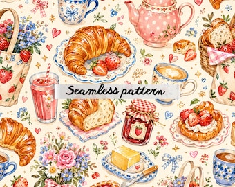 Strawberry Picnic Seamless Pattern – Watercolor Cottagecore Digital Paper, Summer Fruit, Jam Jars, Wicker Basket, Fabric & Scrapbook Print