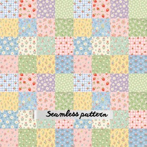 Spring Patchwork Floral Seamless Pattern JPG, Strawberry Lemon Daisy Quilt Fabric, Cottagecore Digital Paper