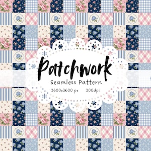 Pode incluir: Um padrão de patchwork sem costura com quadrados florais, xadrez e listrados em tons de azul, rosa e creme. O texto "Patchwork" é exibido em uma fonte decorativa, juntamente com os detalhes do padrão.