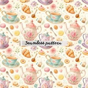 May include: Watercolor seamless pattern featuring teacups, teapots, croissants, cookies, and macarons. The design includes floral elements and the text "Seamless pattern" on a cream background. The pattern is in soft pastel colors.