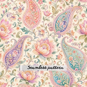 Pode incluir: Um padrão sem costuras com motivos paisley intrincados e flores de loto em tons de rosa, azul-petróleo, roxo e verde sobre um fundo creme. O design inclui o texto Seamless pattern impresso a preto numa faixa branca.