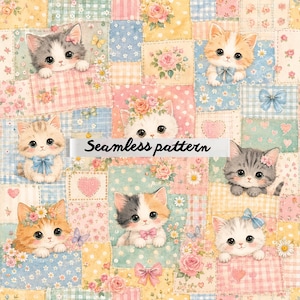 Pode incluir: Um padrão sem costura com gatinhos de desenho animado adoráveis ​​com olhos grandes, laços e detalhes florais. O design incorpora cores pastel, incluindo rosa, azul, amarelo e verde, dispostas em um estilo patchwork. O texto "Seamless pattern" é exibido.