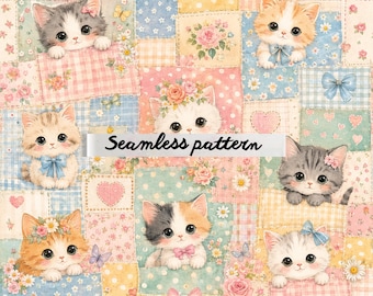 Cute Kitten Patchwork Seamless Pattern, Kawaii Cottagecore Cat Quilt Fabric Print, Pastel Nursery Digital Paper JPG
