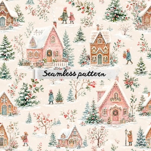 Op de afbeelding: Een naadloos patroon met aquarel illustraties van winterse taferelen. Het ontwerp bevat roze en bruine huizen, groenblijvende bomen en figuren in winterkleding. De tekst "Seamless pattern" wordt over de afbeelding weergegeven.