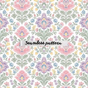 Pode incluir: Um padrão floral sem costura com flores rosa, roxas, amarelas e azuis sobre um fundo branco. O design inclui o texto "Seamless pattern".