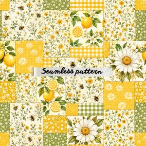 May include: A seamless pattern featuring a patchwork design of yellow and green squares. The motifs include lemons, white daisies, and honeybees on floral stems, interspersed with yellow gingham and polka dot squares. The text Seamless pattern is centered.