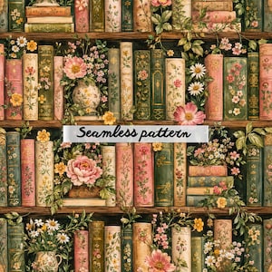 Op de afbeelding: Naadloos patroon met een boekenplank vol vintage boeken in groen, roze en goud. De boeken zijn versierd met bloemmotieven en omgeven door bloemen en bladeren. De tekst "Seamless pattern" is zichtbaar.
