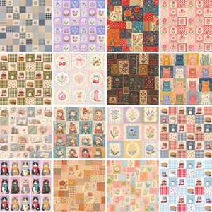 May include: A collection of sixteen square fabric swatches featuring diverse patterns including nautical motifs, floral arrangements, patchwork designs, kittens in winter clothing, checkered prints, and various food items in a grid layout.