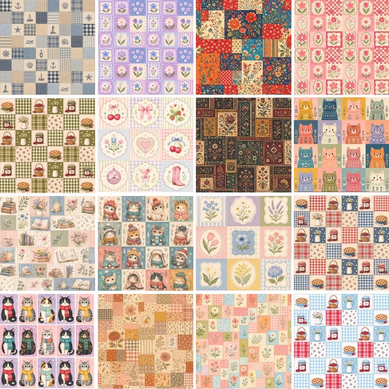 May include: A collection of sixteen square fabric swatches featuring diverse patterns including nautical motifs, floral arrangements, patchwork designs, kittens in winter clothing, checkered prints, and various food items in a grid layout.
