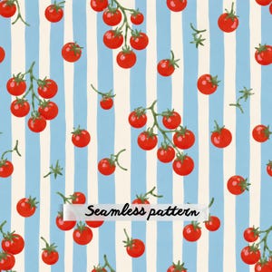 Könnte beinhalten: Ein nahtloses Muster mit leuchtend roten Kirschtomaten an grünen Stielen, die über einen Hintergrund aus vertikalen hellblauen und cremeweißen Streifen verteilt sind. Der Text Seamless pattern ist schwarz in der Mitte abgebildet.