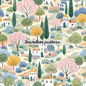 May include: A seamless pattern featuring a watercolor illustration of a Mediterranean landscape. The design includes white buildings, colorful trees, and rolling hills. The text "Seamless pattern" is displayed across the image.