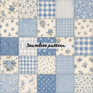 Pode incluir: Um design de tecido patchwork com uma grade de quadrados em tons de azul e creme. O padrão inclui estampas florais, xadrez vichy, listras e bolinhas, com o texto Seamless pattern sobreposto no centro da imagem.