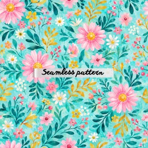 Pode incluir: Padrão floral sem costura com margaridas rosa, pequenas flores brancas e amarelas e folhas verdes sobre um fundo turquesa. O texto "Seamless pattern" é exibido em uma faixa branca.