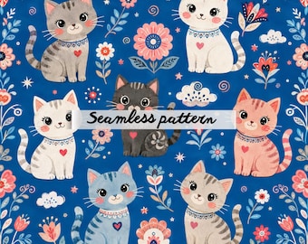 Nahtloses Muster mit niedlichen Katzen im Folk-Art-Stil (JPG) – Verspielte Kätzchen, skandinavische Blumen, nordisches florales Folk-Design für Kinderzimmer und Tapeten