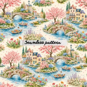 Pode incluir: Um padrão sem costura com uma cena pitoresca em aquarela. O design inclui um rio com pequenas pontes de pedra, barcos e flores coloridas. Edifícios e cerejeiras em flor rosa também estão presentes. O texto "Seamless pattern" é exibido.