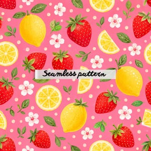 May include: A seamless pattern featuring bright red strawberries, yellow lemon slices, whole yellow lemons, small white flowers, and green leaves on a pink background with white polka dots. The text Seamless pattern is centered on the image.