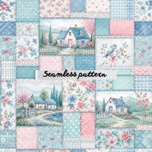 Può includere: Un motivo senza cuciture con un design patchwork, che presenta illustrazioni ad acquerello. Il motivo include immagini di case, uccelli e composizioni floreali nei toni del blu, rosa e bianco. Il testo "Seamless pattern" è visualizzato.