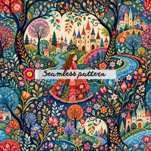 Pode incluir: Um padrão contínuo apresentando uma paisagem de conto de fadas com uma figura central usando uma coroa e um vestido longo floral multicolorido. A cena inclui vários castelos, rios azuis sinuosos e árvores densas e coloridas com folhagens.