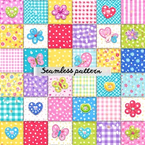 May include: A colorful patchwork design featuring squares with floral, heart, and butterfly motifs. The squares are in various colors, including pink, yellow, blue, and green, with the text "Seamless pattern" across the center.