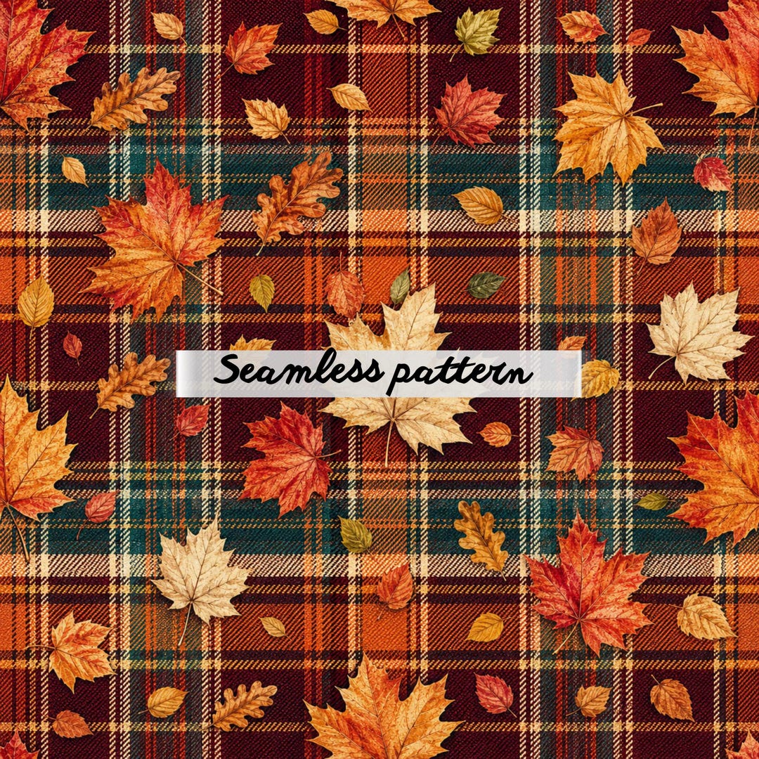 Fall Plaid Rug Pattern Autumn Leaves Plaid Seamless Pattern, Rustic Fall Tartan Print, Cozy ...