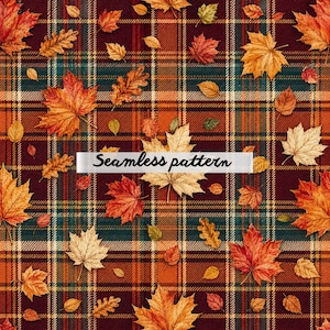 Autumn Leaves Plaid Seamless Pattern, Rustic Fall Tartan Print, Cozy Harvest Fabric Design, Thanksgiving JPG