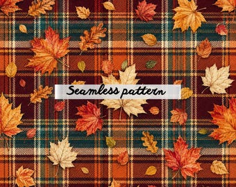 Autumn Leaves Plaid Seamless Pattern, Rustic Fall Tartan Print, Cozy Harvest Fabric Design, Thanksgiving JPG