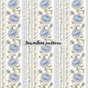 Pode incluir: Padrão floral sem costura com grandes flores de crisântemo azul e botões em um fundo creme. Listras verticais alternam entre vinhas florais e listras azuis claras. O texto "Seamless pattern" é exibido.