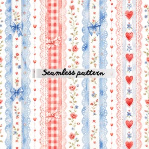 Op de afbeelding: Naadloos patroon met verticale strepen, blauwe strikken, rode harten en bloemmotieven. Het ontwerp bevat ruitjes en kant, met de tekst "Seamless pattern". Het kleurenpalet omvat rood, blauw en wit.