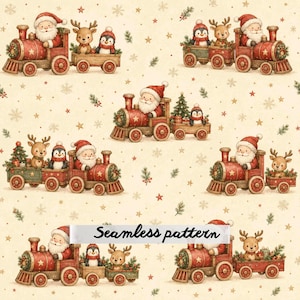 May include: A seamless pattern featuring a repeating illustration of a red steam train carrying Santa Claus, a reindeer, and a penguin. The background is a light cream colour decorated with small brown snowflakes, stars, and pine sprigs.