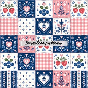May include: A seamless pattern featuring a grid of square tiles with illustrations of strawberries, blueberries, hearts, flowers, and pink gingham checks. The design includes dark blue, light pink, and white colors with repeating floral motifs.