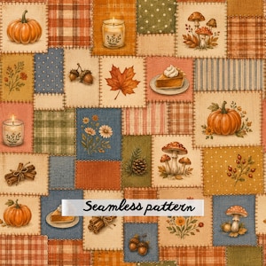 Könnte beinhalten: Ein Stoffdruck im Patchwork-Stil mit einem nahtlosen Muster aus herbstlichen Quadraten. Die Illustrationen zeigen orangefarbene Kürbisse, Pilze, Zimtstangen, Kerzen, Ahornblätter, Eicheln und Tortenstücke auf verschiedenen strukturierten Hintergründen.