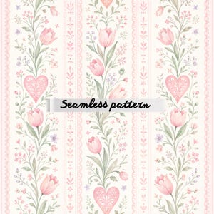 Puede incluir: Un patrón sin costuras con rayas verticales de tulipanes rosas, corazones y detalles florales sobre un fondo crema. El texto "Seamless pattern" se muestra en la imagen. El diseño tiene una estética suave de acuarela.