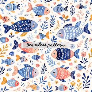 May include: A seamless pattern featuring a variety of illustrated fish in shades of blue, orange, and pink, interspersed with small aquatic plants, flowers, and seashells on a cream background. The text Seamless pattern is centered.